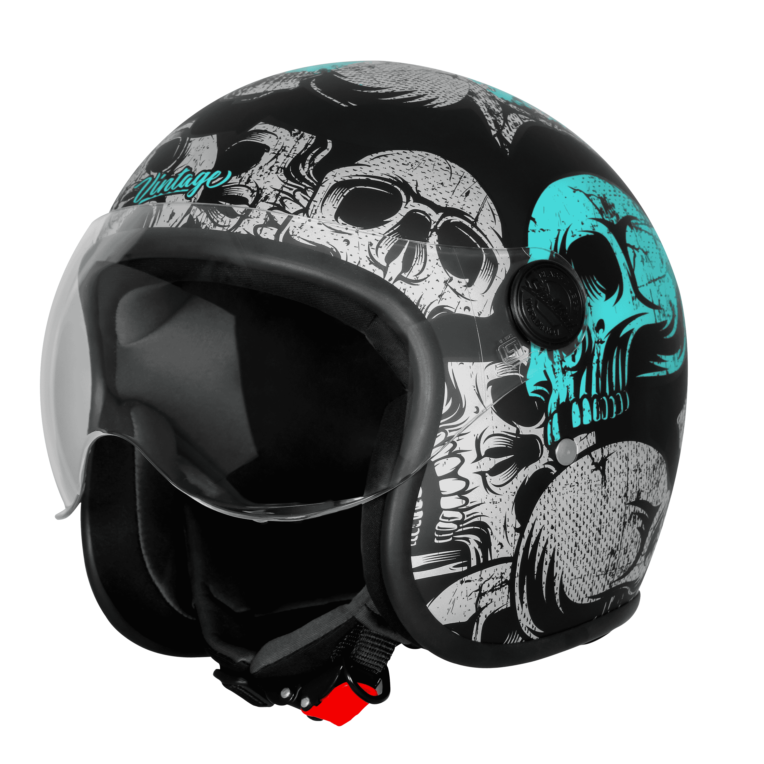SBH-54 VINTAGE SKULL GLOSSY BLACK WITH TURQUOISE
